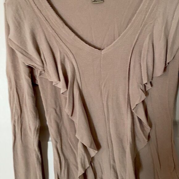 EUC Anama Boutique Label Top Shirt Blouse Ribbed Knit Tan Brown Medium M - Picture 3 of 5